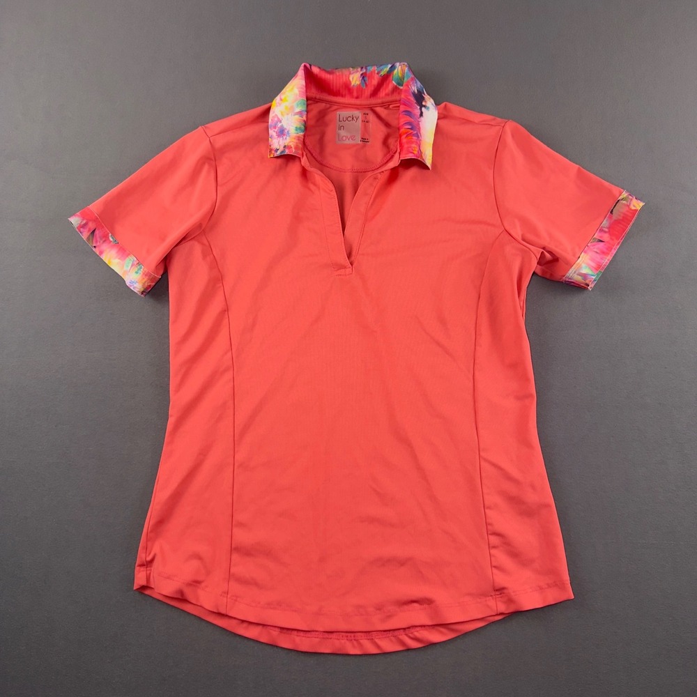 Lucky in Love Womens Coral Pink Floral Trim V-Neck Athletic Golf Tennis Polo S